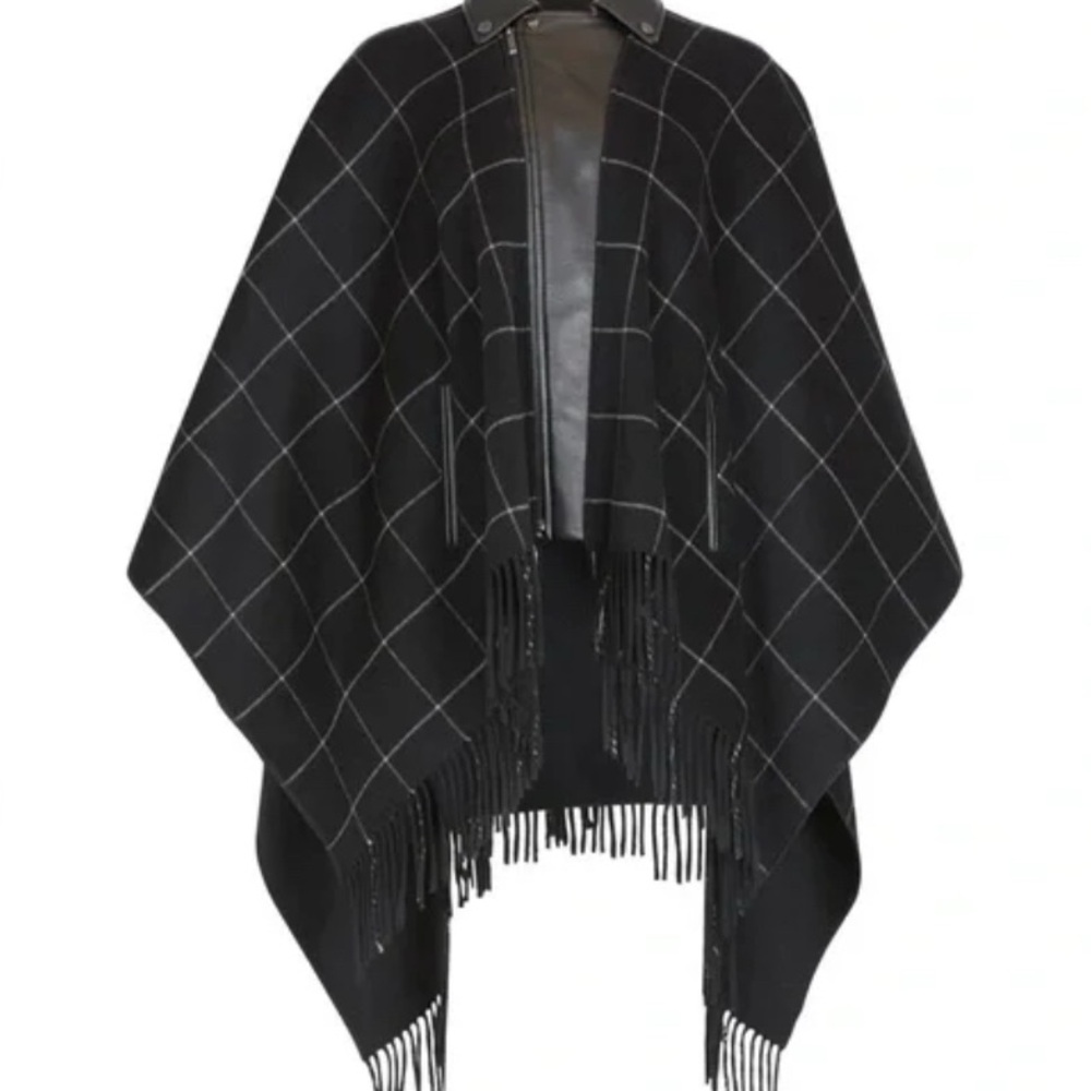BCBG Chic Black Plaid Faux Leather Fringe Cape
